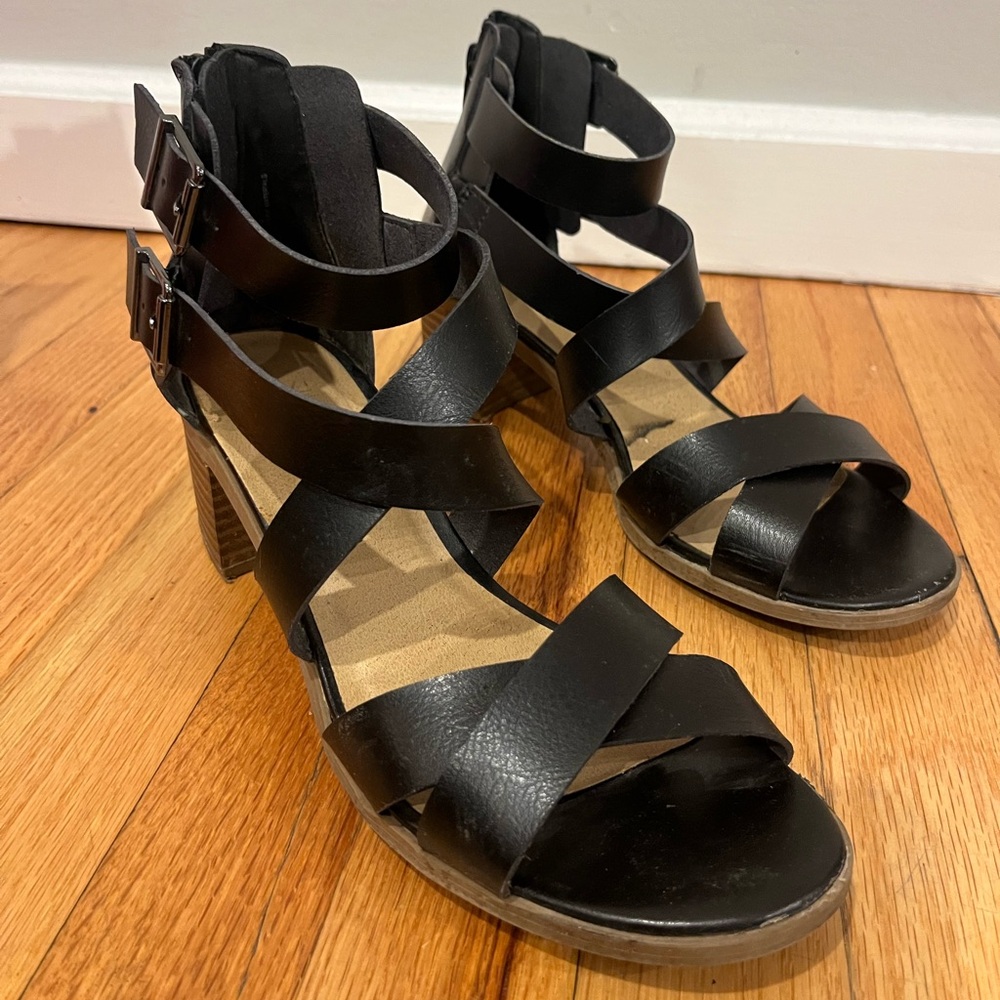 Black Strappy Leather Heel Sandal